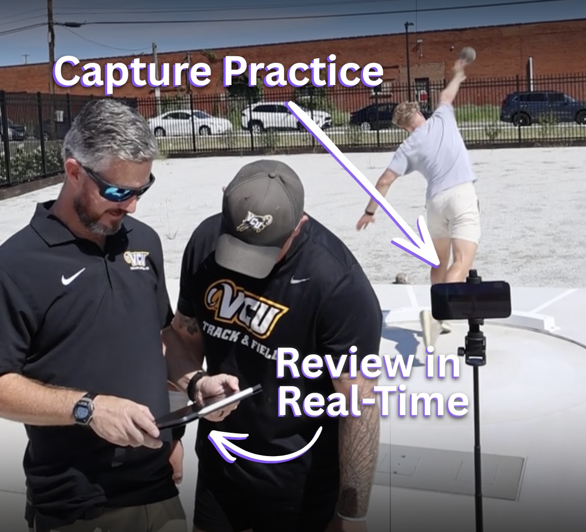 Coaches reviewing an athlete's training video with Coach Bowman on an iPad